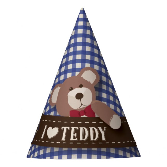 Teddy Bear Picnic Birthday -Blue Gingham Party Hat (Front)