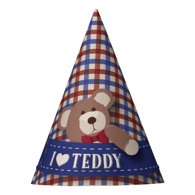 Teddy Bear Picnic Birthday -Red and Blue Gingham Party Hat (Front)