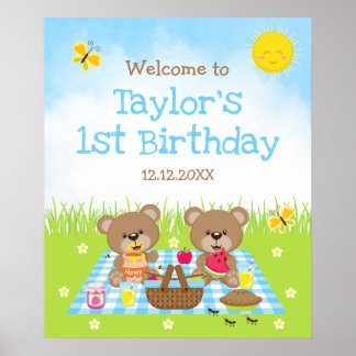 Teddy Bear Picnic Blue Birthday Welcome Sign