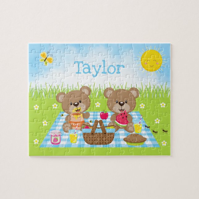 Teddy Bear Picnic Boy Blue Gingham Jigsaw Puzzle (Horizontal)
