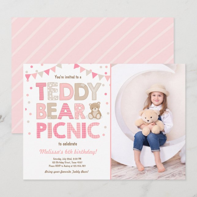 Teddy Bear Picnic Girl birthday Invitation Pink (Front/Back)