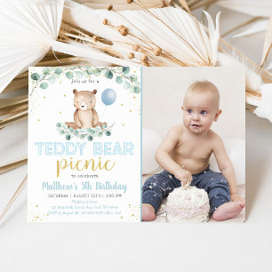 Teddy Bear Picnic Greenery Boy Birthday Invitation