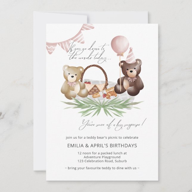 Teddy Bear Picnic Invitation Joint Birthday Party (Front)