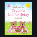 Teddy Bear Picnic Pink Birthday Welcome Sign<br><div class="desc">This cute and whimsical welcome sign features adorable bears having a picnic on a pink gingham cloth with treats such as honey, watermelon, strawberry jam, lemonade and pie. In the background is a bright blue sky and sunshine, butterflies and daisies. The text combines decorative and serif fonts for a stylish...</div>