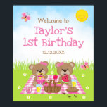 Teddy Bear Picnic Pink Birthday Welcome Sign<br><div class="desc">This cute and whimsical welcome sign features adorable bears having a picnic on a pink gingham cloth with treats such as honey, watermelon, strawberry jam, lemonade and pie. In the background is a bright blue sky and sunshine, butterflies and daisies. The text combines decorative and serif fonts for a stylish...</div>