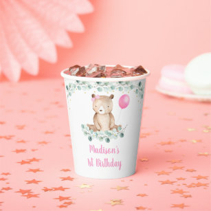 Teddy Bear Picnic Pink Floral Birthday Paper Cups