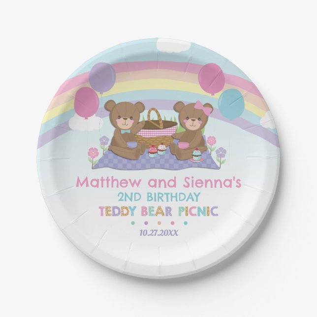 Teddy Bear Picnic Rainbow Twin Boy Girl Birthday Paper Plate (Front)