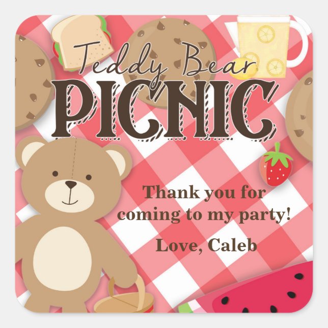 Teddy Bear Picnic Summer Birthday Party Favour Square Sticker (Front)