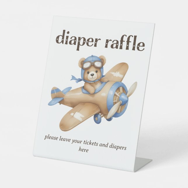 Teddy Bear Pilot Baby Boy Shower Diaper Raffle Pedestal Sign (Front)
