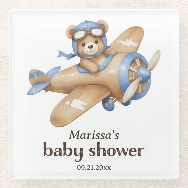 Teddy Bear Pilot Baby Boy Shower Glass Coaster (Front)