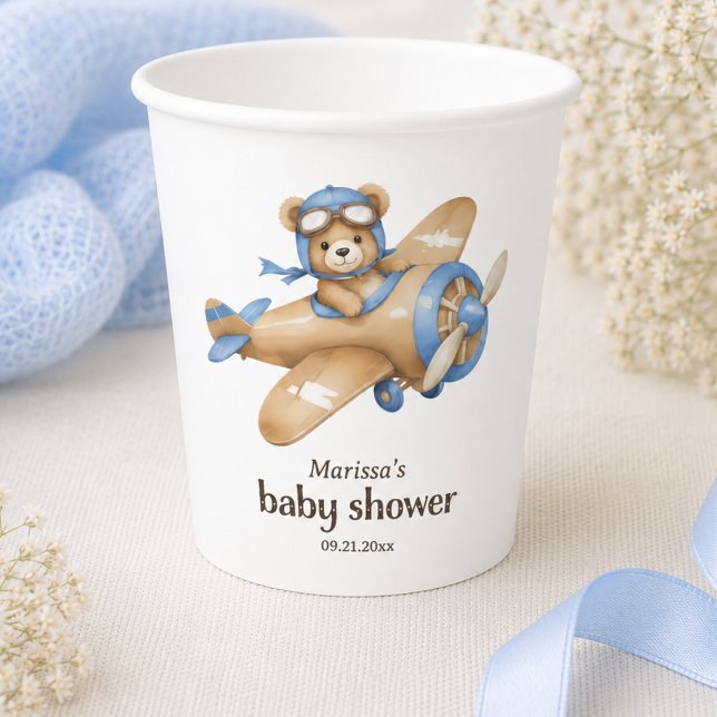 Teddy Bear Pilot Baby Boy Shower Paper cup (cute elegant whimsical teddy bear pilot baby boy shower paper cup with custom name and date )