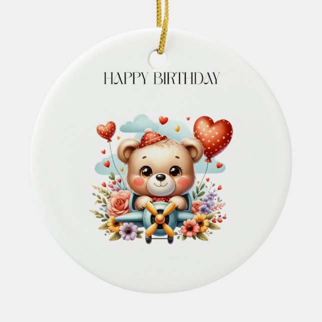 Teddy Bear Pilot Birthday Ceramic Ornament (Front)