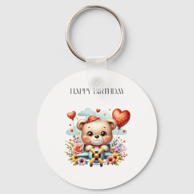 Teddy Bear Pilot Birthday Keychain (Front)