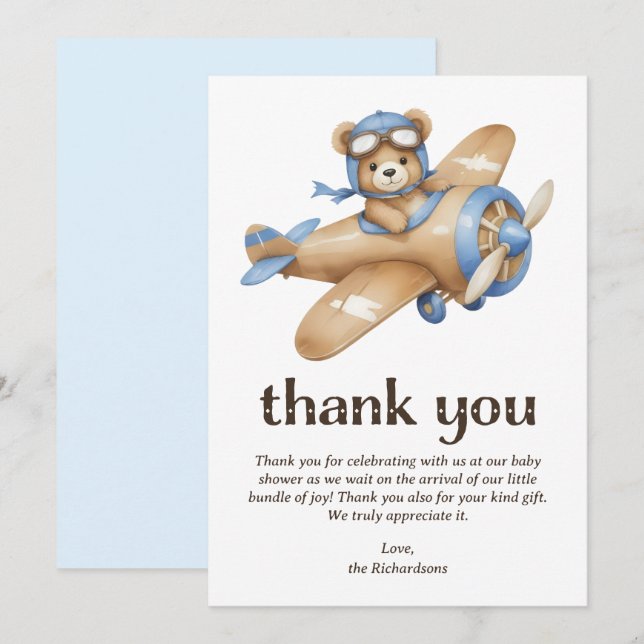 Teddy Bear Pilot Boy Baby Shower Thank You Card (Front/Back)