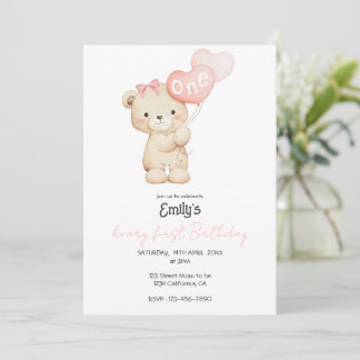 Teddy Bear pink 1st Birthday Party for Baby Girl Invitation
