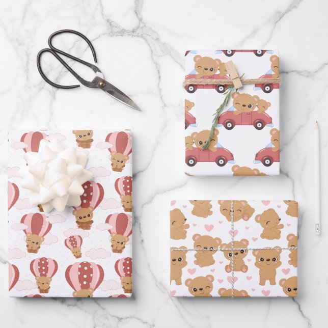 Teddy Bear Pink and Brown Girl Wrapping Paper Sheet (Front)