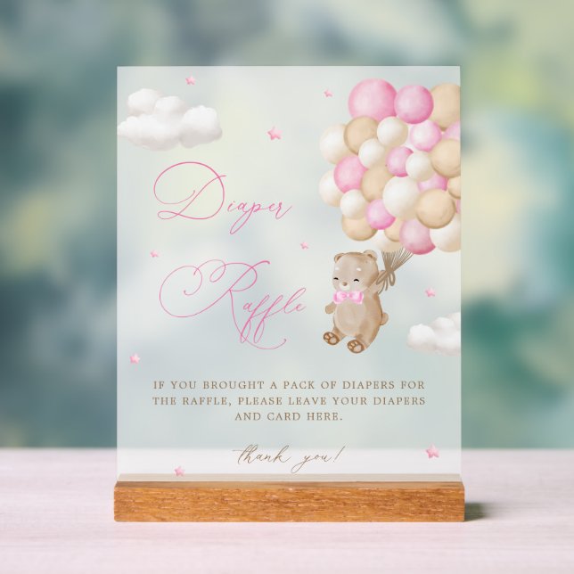 Teddy Bear Pink Baby Shower Diaper Raffle Acrylic Sign (Neutral)