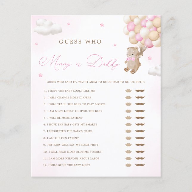 Teddy Bear Pink Baby Shower Mommy or Daddy Game (Front)