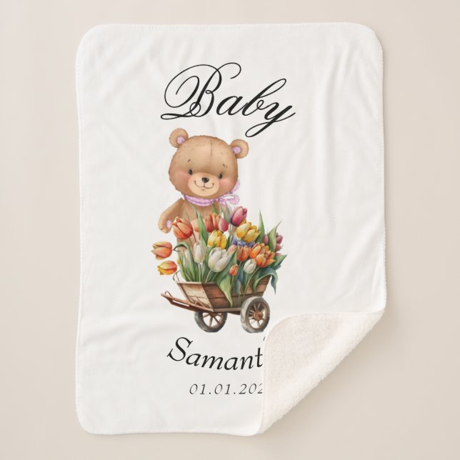 Teddy Bear Pink Baby Shower Rustic Floral Sherpa Blanket (Front)