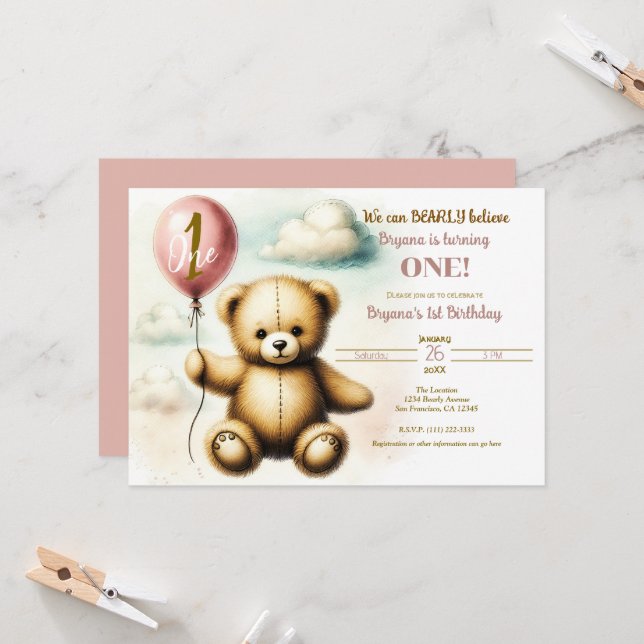 Teddy Bear Pink Balloon 1st Birthday Party Invitation (Front/Back In Situ)