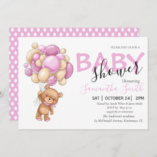 Teddy Bear Pink Balloon Baby Shower Invitations 