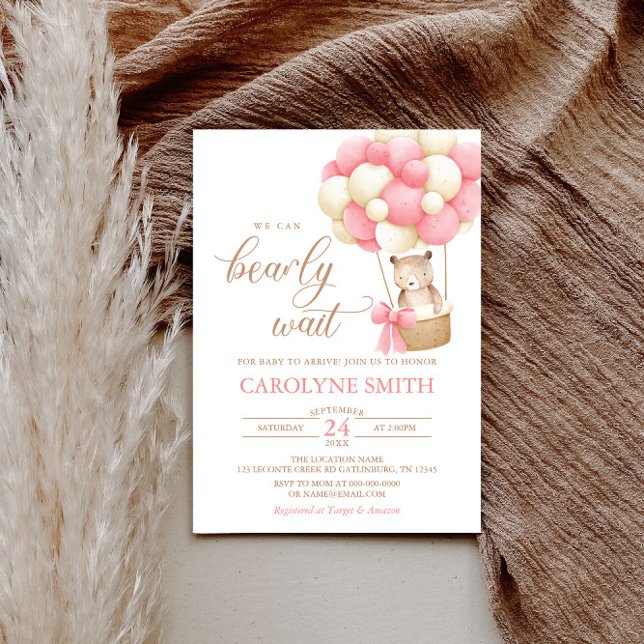 Teddy Bear Pink Balloon Bearly Wait Baby Shower Invitation (Creator Uploaded)