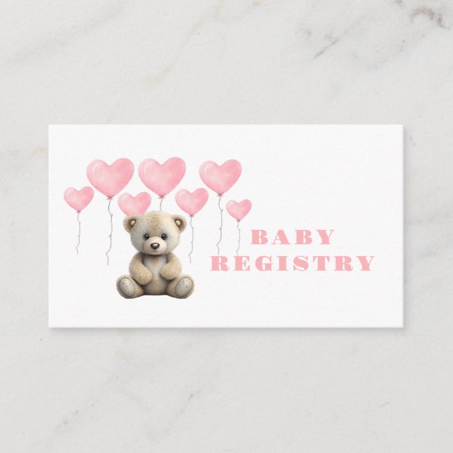 Teddy Bear Pink Balloon Girl Baby Registery Enclosure Card (Front)