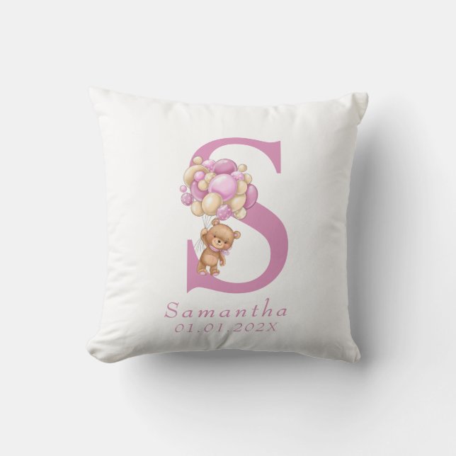 Teddy Bear Pink Balloon Girl Name  Throw Pillow (Front)
