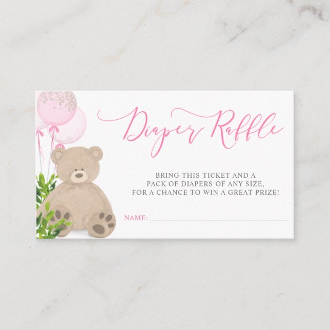 Teddy Bear Pink Balloon Greenery Diaper Raffle Enclosure Card (Front)
