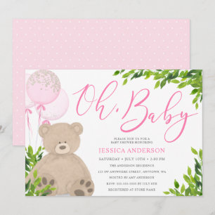 Teddy Bear Pink Balloon Greenery Girl Baby Shower Invitation