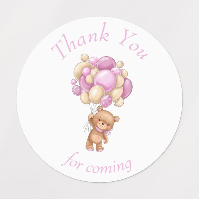 Teddy Bear Pink BALLOON thank you Labels (Design 1)
