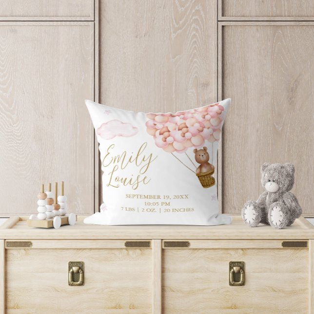 Teddy Bear Pink Balloons Baby Girl Birth Stats Throw Pillow (Teddy Bear Pink Balloons Baby Girl Birth Stats Throw Pillow)