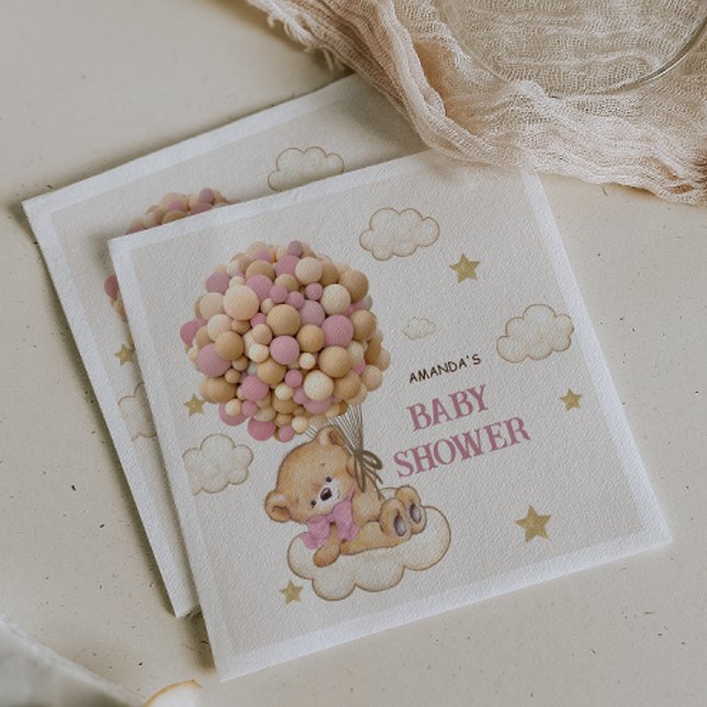 Teddy Bear Pink Balloons Baby Girl Shower Decor   Napkin (Creator Uploaded)