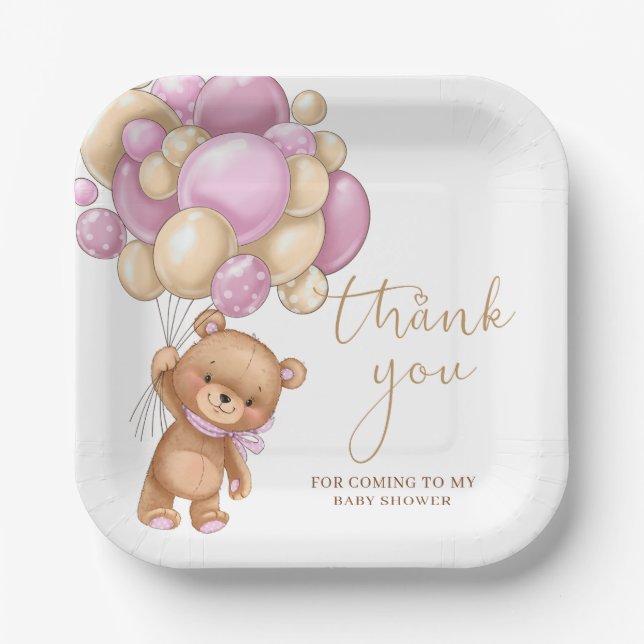 Teddy Bear Pink Balloons Baby Shower Thank You   Paper Plate (Front)