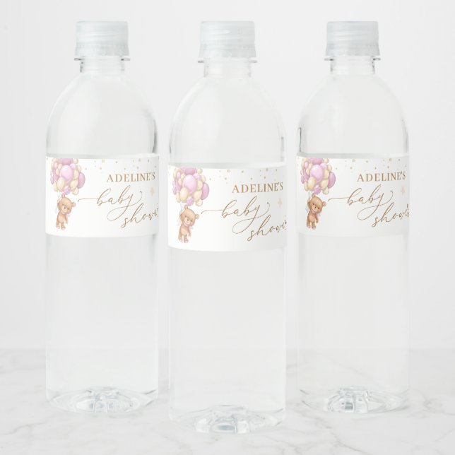 Teddy Bear Pink Balloons  Baby Shower Water Bottle Label (Bottles)