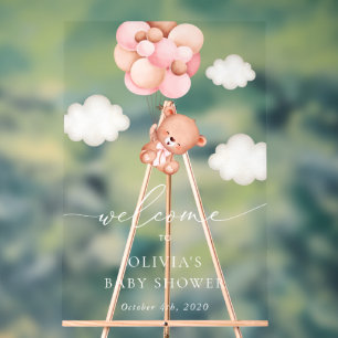 Teddy Bear, Pink Balloons, Baby Shower Welcome Acrylic Sign