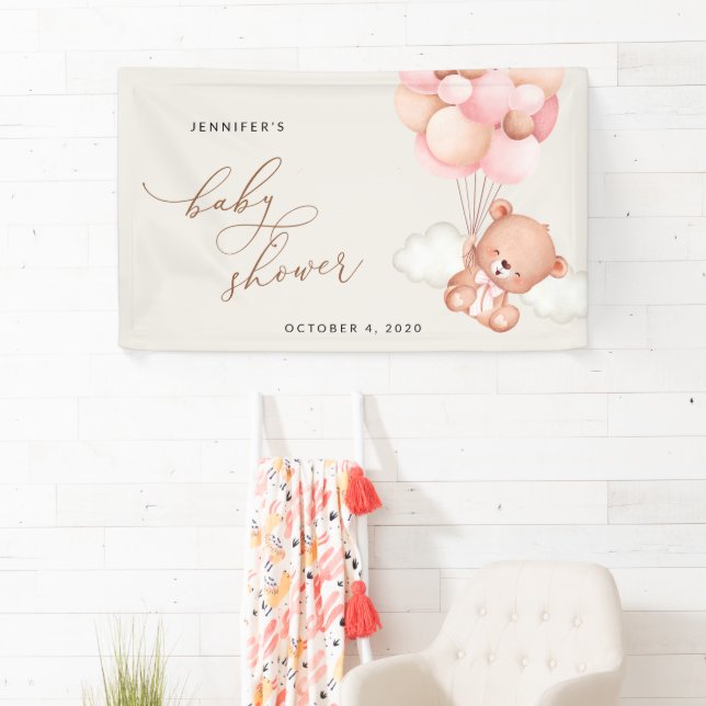 Teddy Bear, Pink Balloons, Baby Shower Welcome Banner (Insitu)