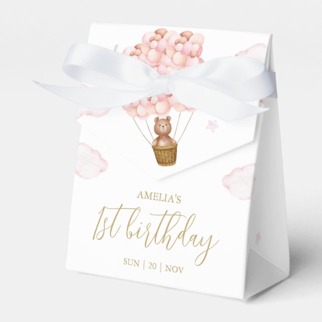 Teddy Bear Pink Balloons Birthday Party Favor Box (Front Side)