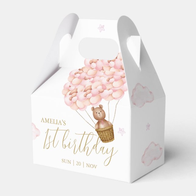 Teddy Bear Pink Balloons Birthday Party Favor Box (Front Side)