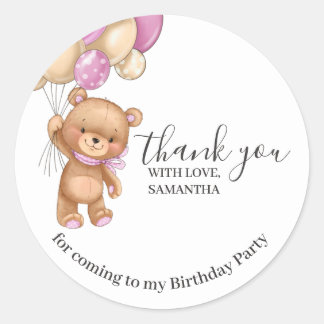 Teddy Bear PINK Balloons Birthday Thank You Classic Round Sticker