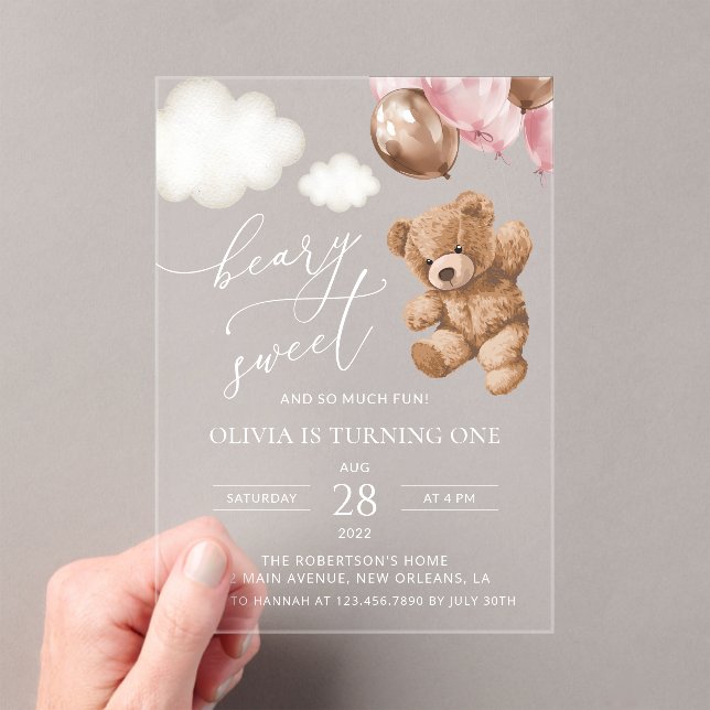Teddy Bear, Pink Balloons, First Birthday Acrylic Invitations (Insitu (Handheld))