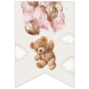 Teddy Bear, Pink Balloons, First Birthday Bunting Flags
