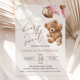 Teddy Bear, Pink Balloons, First Birthday Invitation
