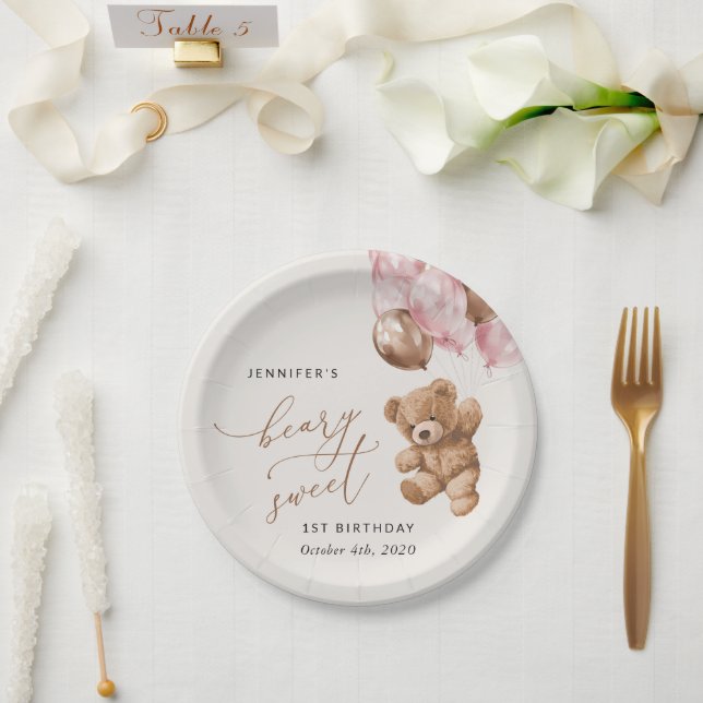 Teddy Bear, Pink Balloons, First Birthday Paper Plate (Wedding)