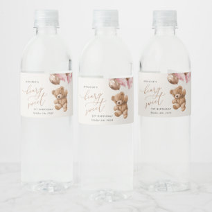 Teddy Bear, Pink Balloons, First Birthday Water Bottle Label