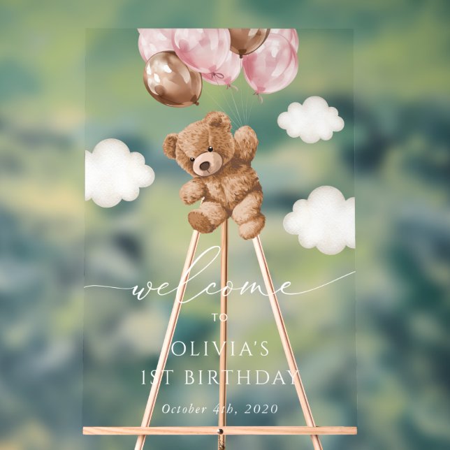 Teddy Bear, Pink Balloons, First Birthday Welcome Acrylic Sign (Neutral)