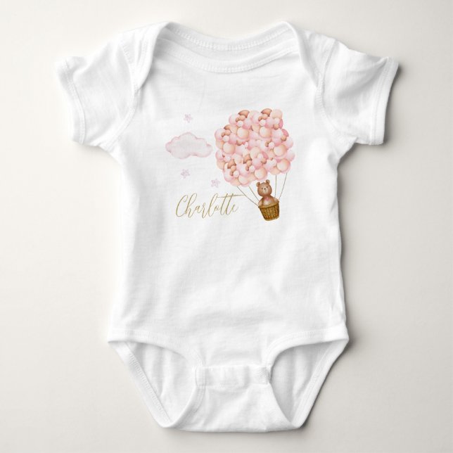 Teddy Bear Pink Balloons Gold Script Baby Bodysuit (Front)