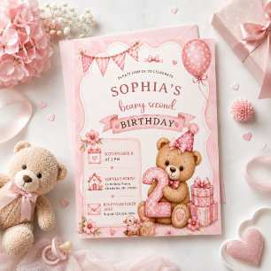 Teddy Bear, Pink Balloons, Second Birthday Invitation