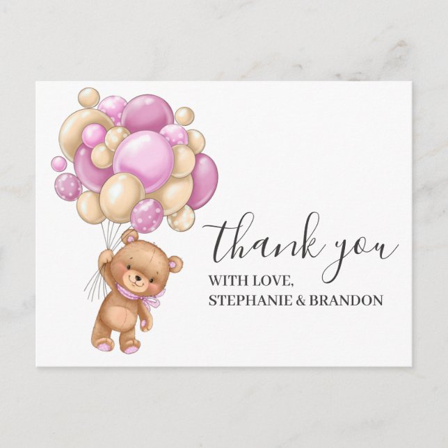 Teddy Bear PINK Balloons Thank You  Card (Front)