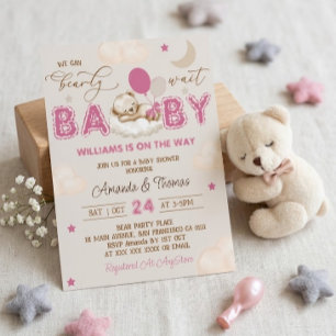 Teddy Bear Pink Bearly Wait Girl Baby Shower Invitation
